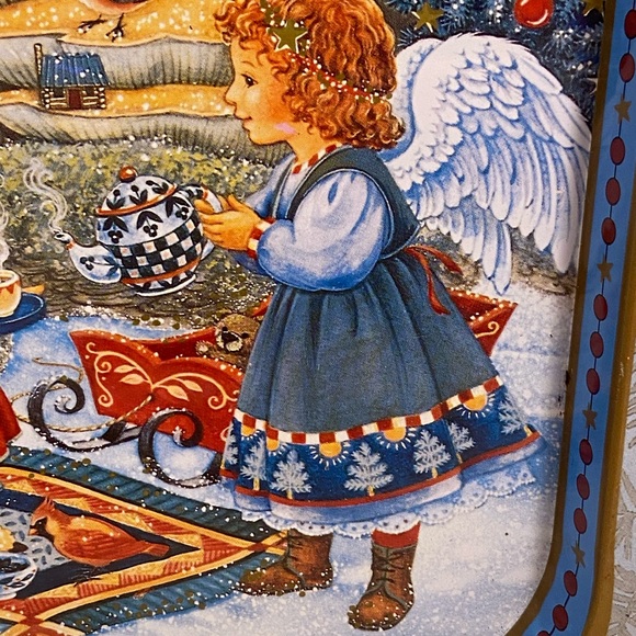 Vintage Cherub Treehouse Christmas Metal Tray Judith Ann Griffith print 90s - Picture 4 of 16